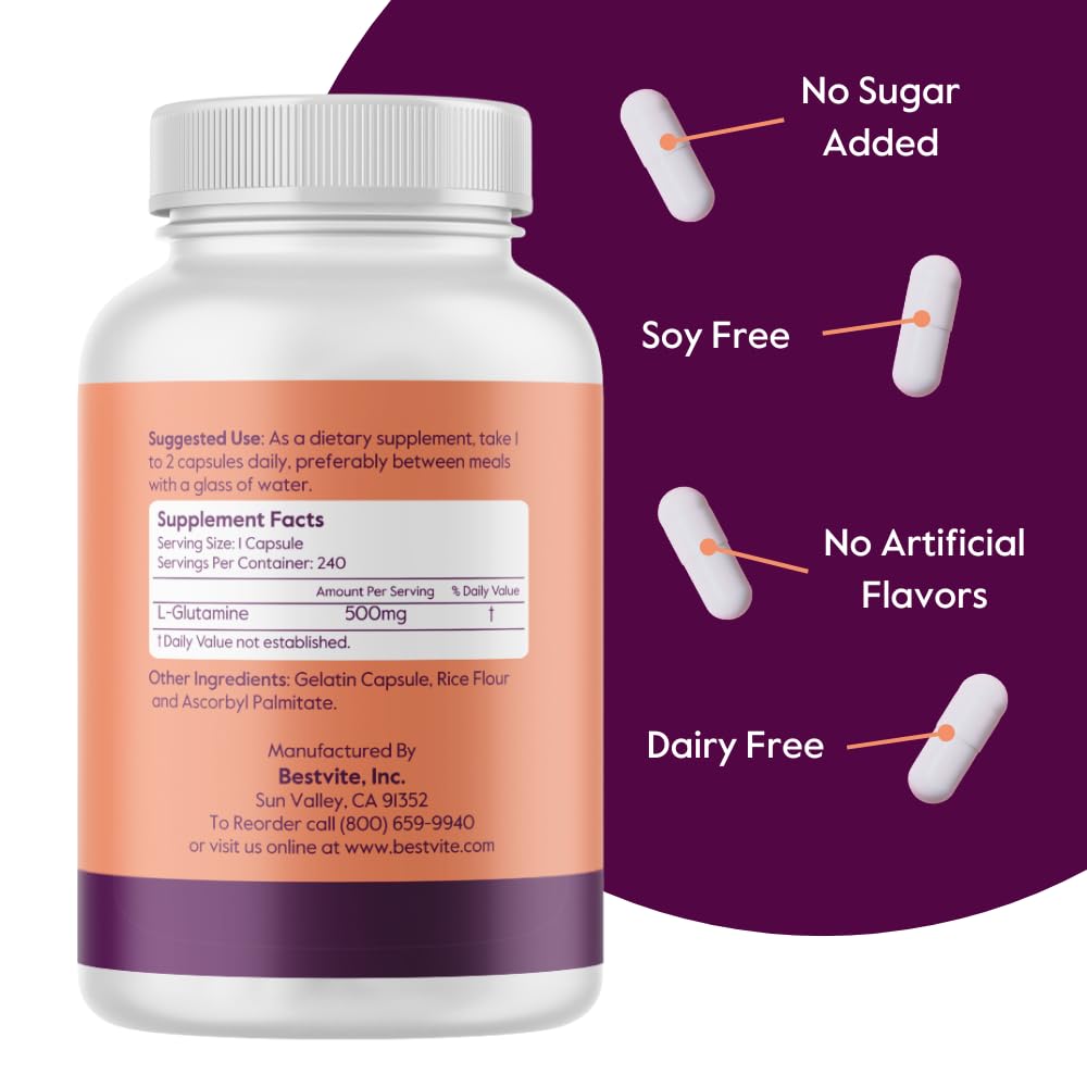 BESTVITE L-Glutamine 500mg per Capsule, 240 Capsules