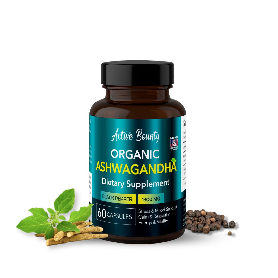 Active Bounty Organic Ashwagandha 1300mg with Black Pepper for Enhanced Absorption, 60 Capsules