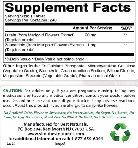 Best Naturals Lutein 20 mg with Zeaxanthin Tablet, 240 Tablets