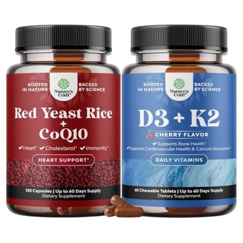 Natures Craft Red Yeast Rice with CoQ10 & Vitamin D3 with K2 MK7 Tablets Bundle, 180 Count