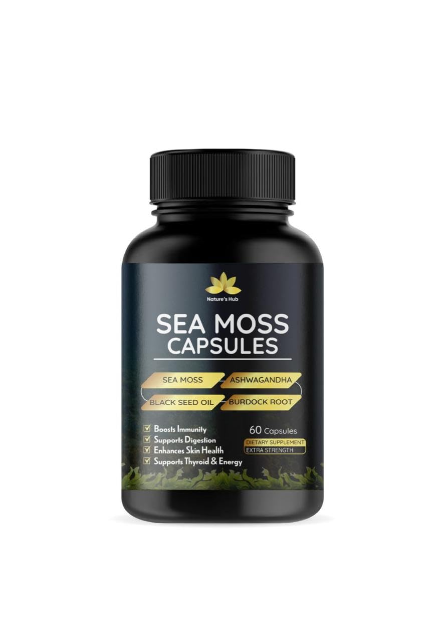 ROOTIVE Sea Moss Capsules with Turmeric 450mg, Black Seed 200mg & Ashwagandha 100mg - Irish Sea Moss Supplement with Bladderwrack, Burdock Root & Black Pepper, 60 Capsules