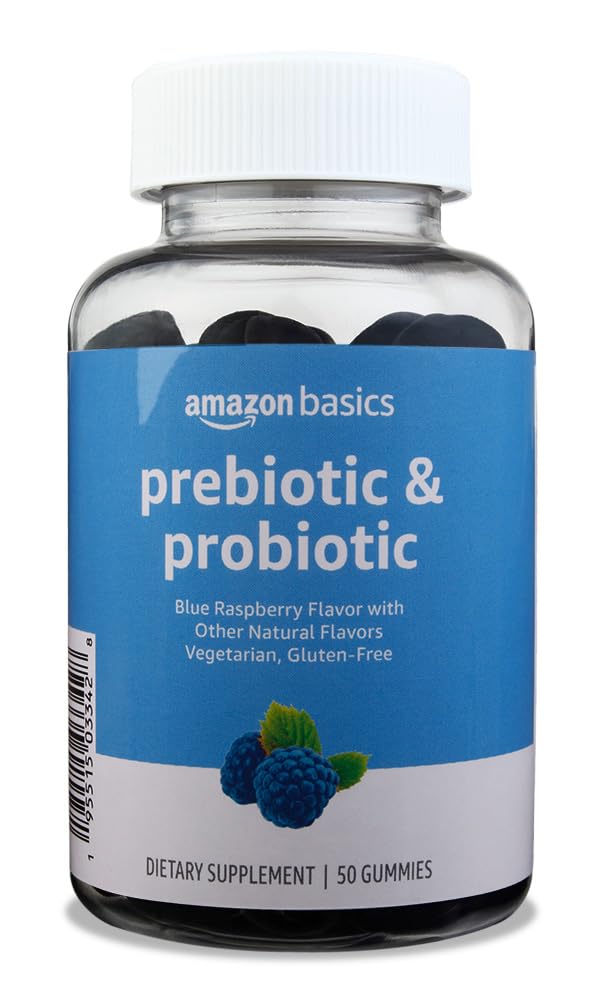 Amazon Basics Solimo Prebiotic & Probiotic Gummies, 2 Billion CFU, Blue Raspberry, 50 Count