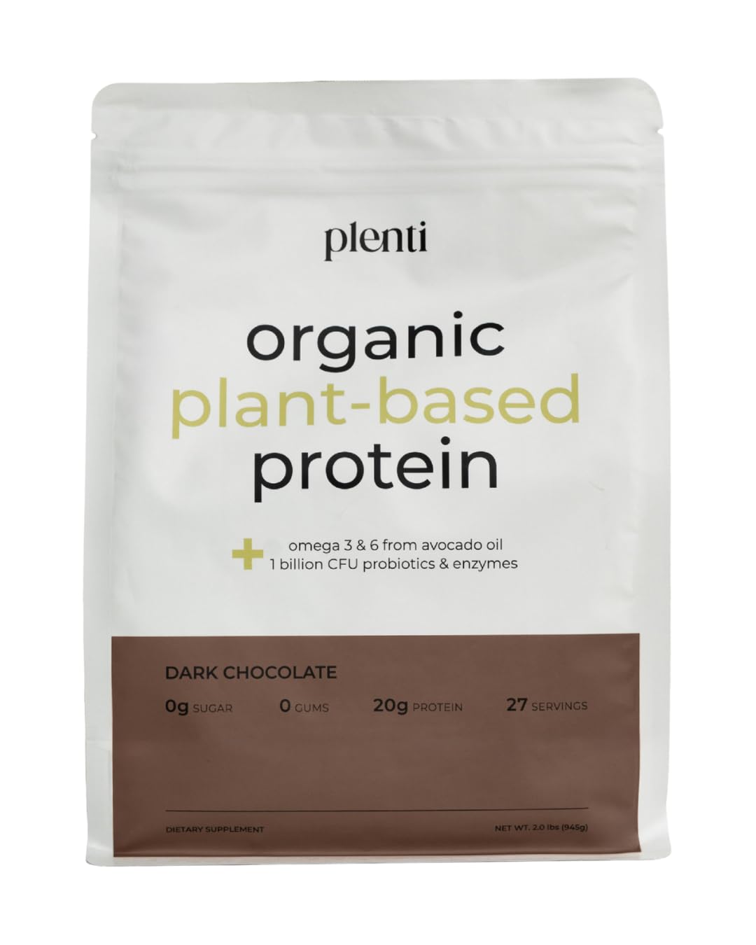 plenti Organic Plant-Based Protein Powder Dark Chocolate, 32 Servings
