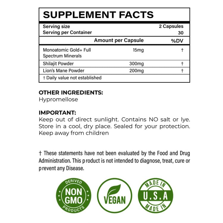 I Am Joy co. Ormus Shilajit Lion's Mane - Ultimate Brain Power! Monoatomic 24k Gold - The Only Blend of Its Kind for Energy, Memory, & Focus - 60 Vegan Capsules