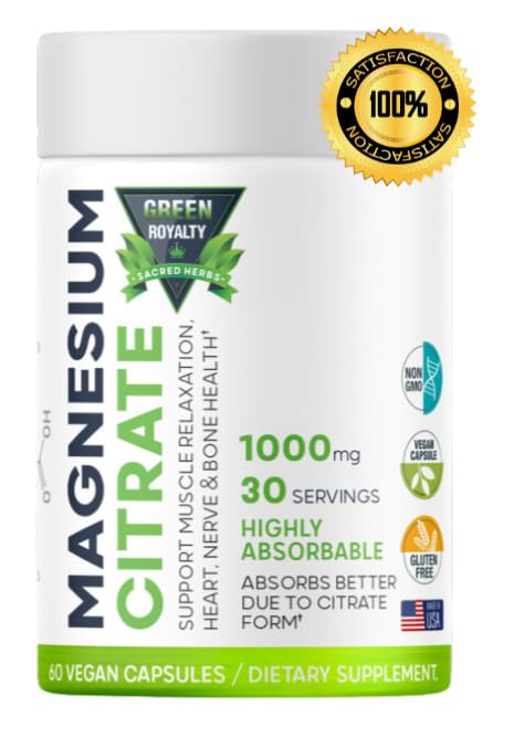 GREEN ROYALTY Magnesium Citrate 1000mg Vegan Capsules, 60 Count