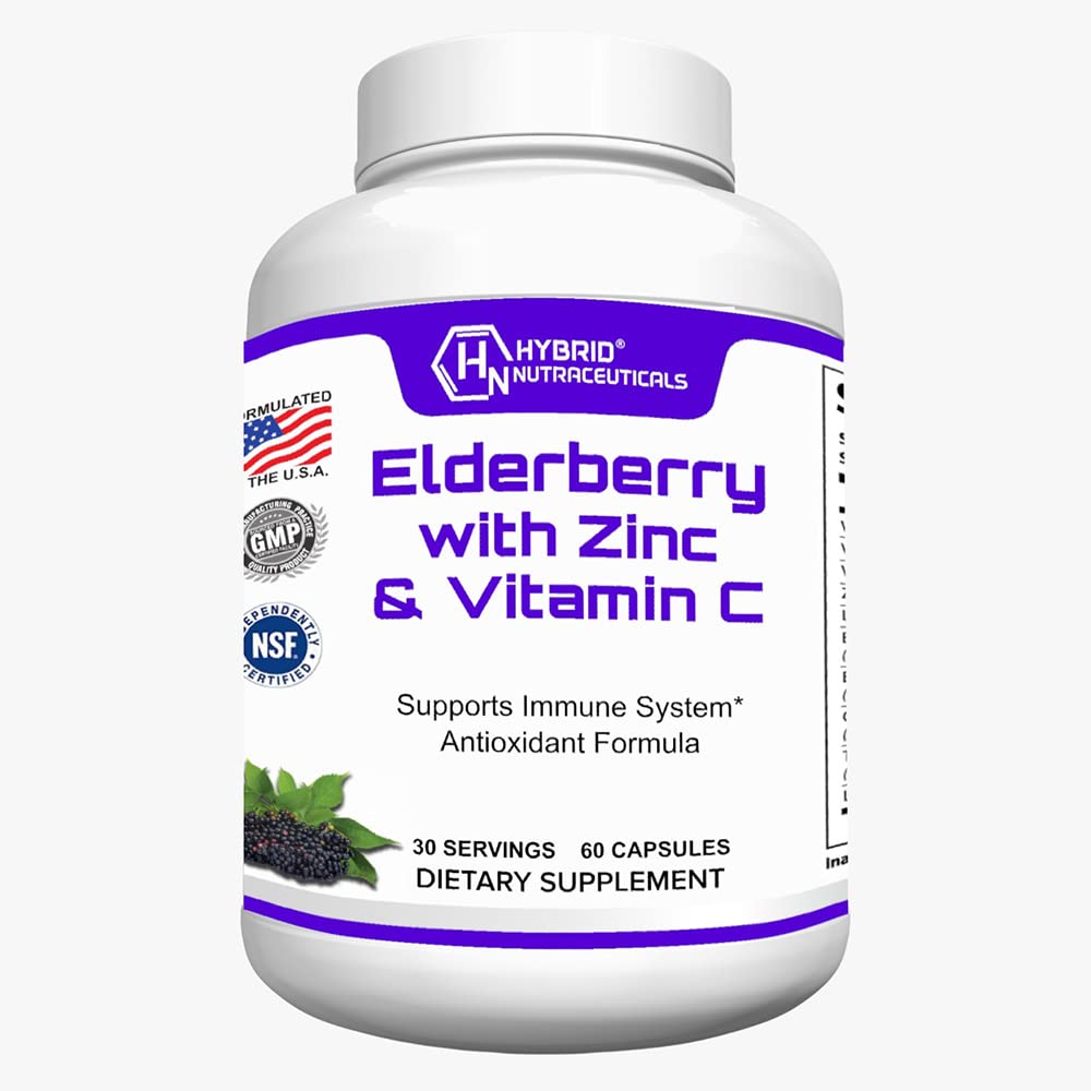 Hybrid Nutraceuticals Black Elderberry Capsules with Echinacea, Turmeric, Garlic, Zinc, Vitamins C, E and B6, Probiotics and L-Glutamine, 60 Capsules