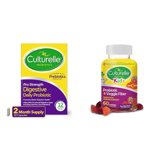 Culturelle Pro Strength Daily Probiotic Digestive Health Capsules 60 Count + Kids Daily Probiotic + Veggie Fiber Gummies 60 Count