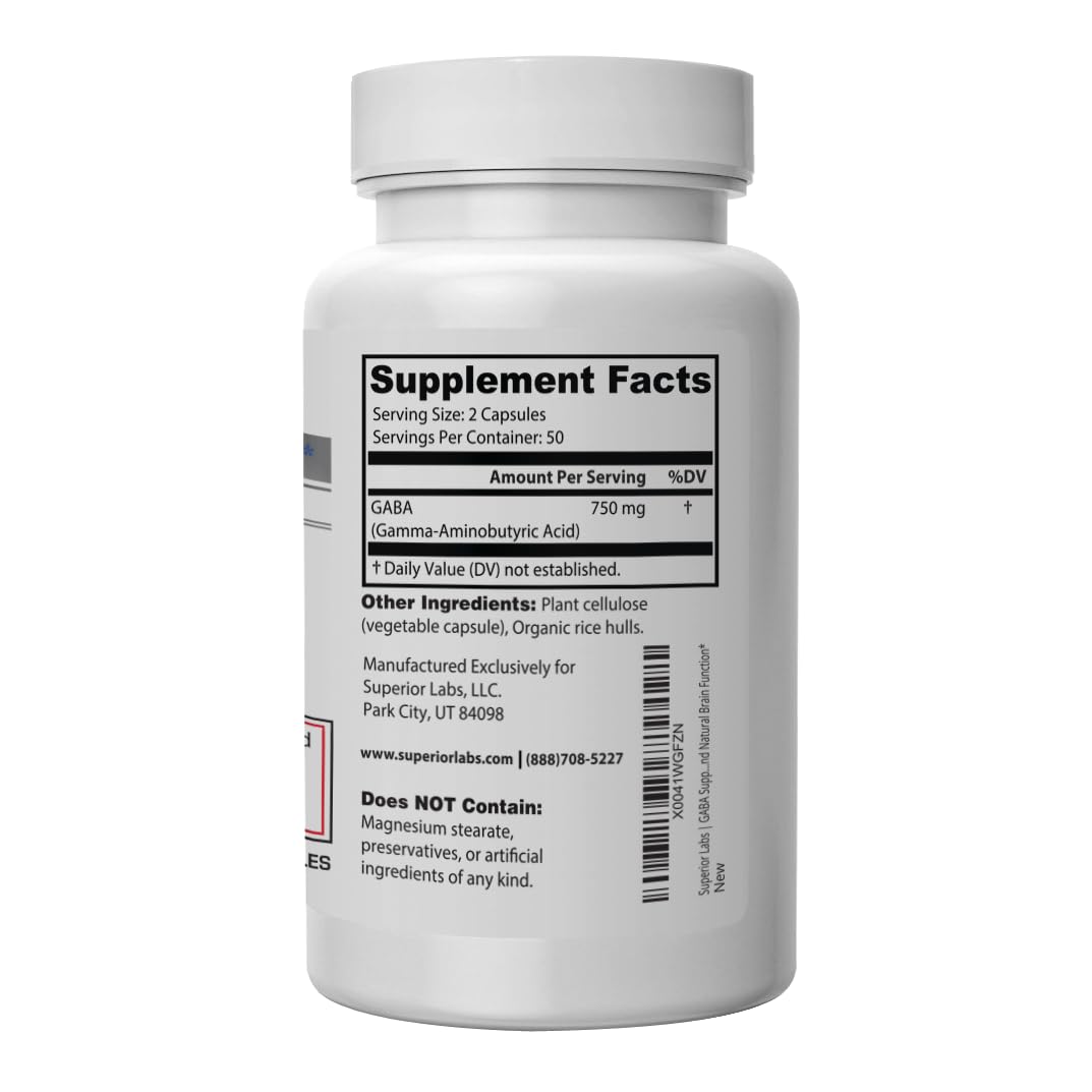 Superior Labs GABA Supplement 750mg Maximum Strength Mood Enhancement Capsule, 100 Capsules