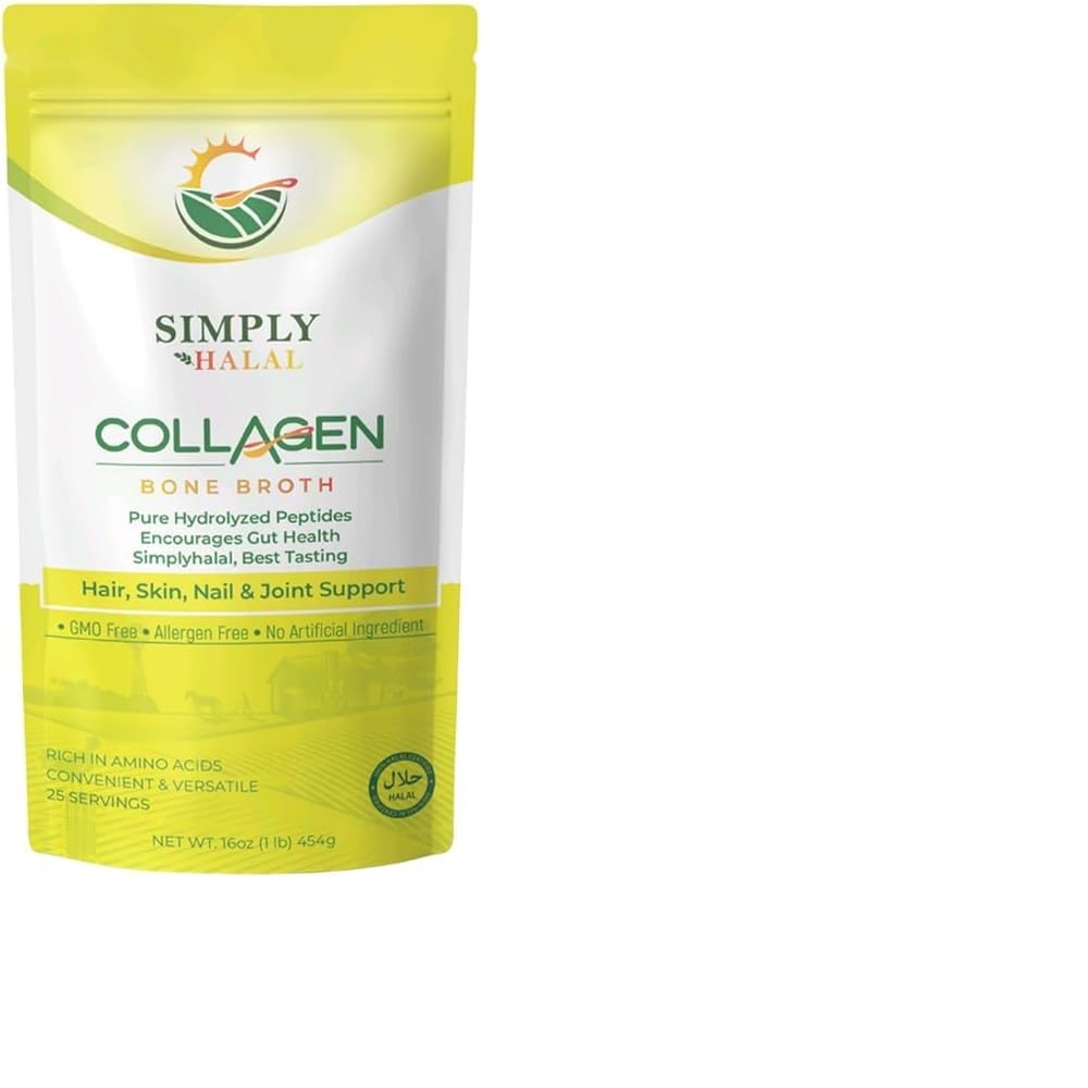 Simply Halal Broth Collagen Powder Type I & III for Joint, Skin, Hair, Nail & Digestive Support – Grass-Fed, 16 oz