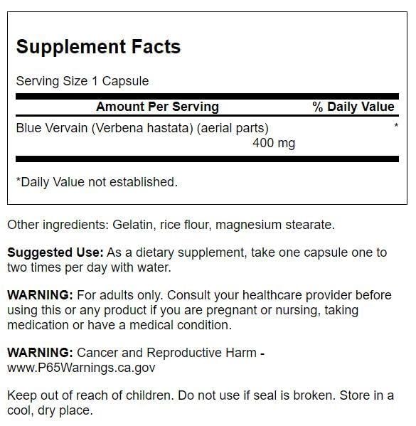 Swanson Full Spectrum Blue Vervain 400 Milligrams Capsules, 60 Count