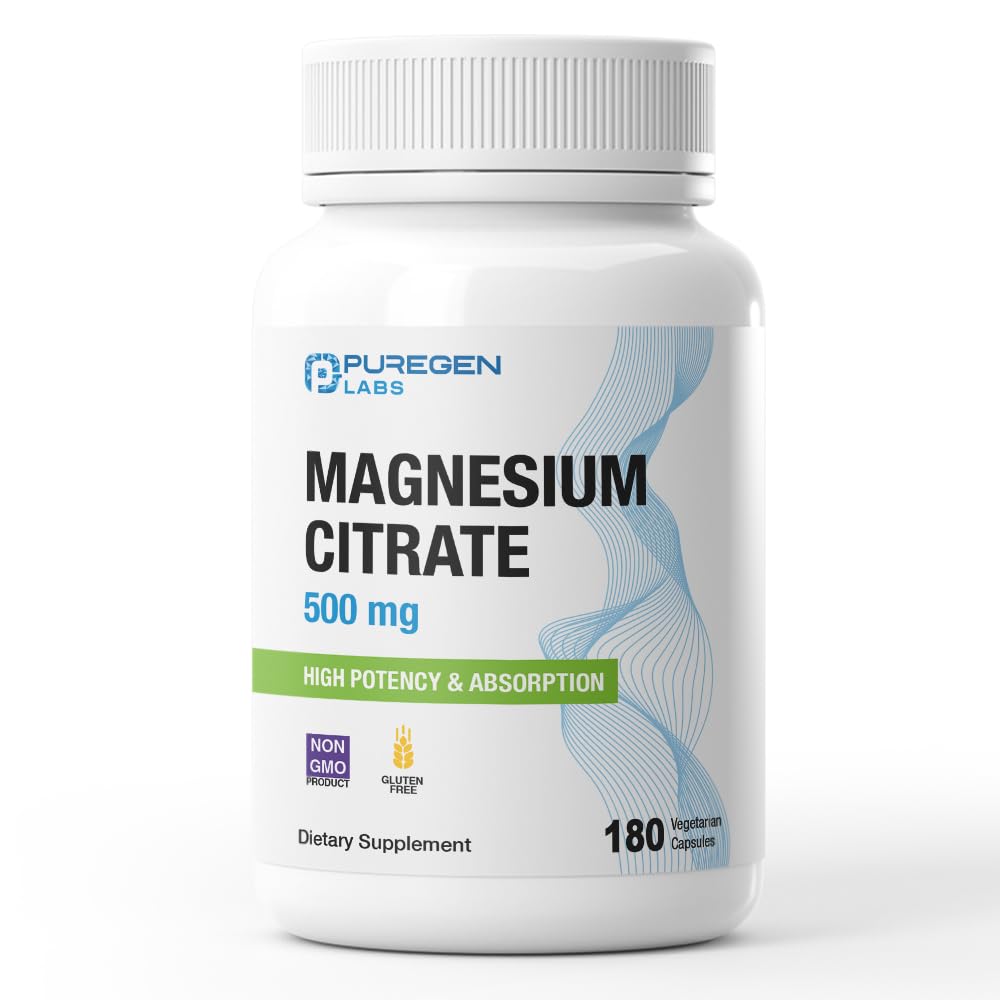 P Puregen Labs Magnesium Citrate 500 mg Capsules, 180 Count
