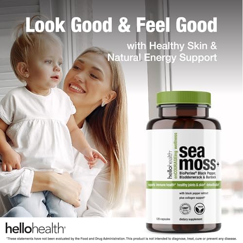 HELLO HEALTH Organic Irish Sea Moss Capsules with Burdock Root & Bladderwrack Bioperine, 120 Capsules