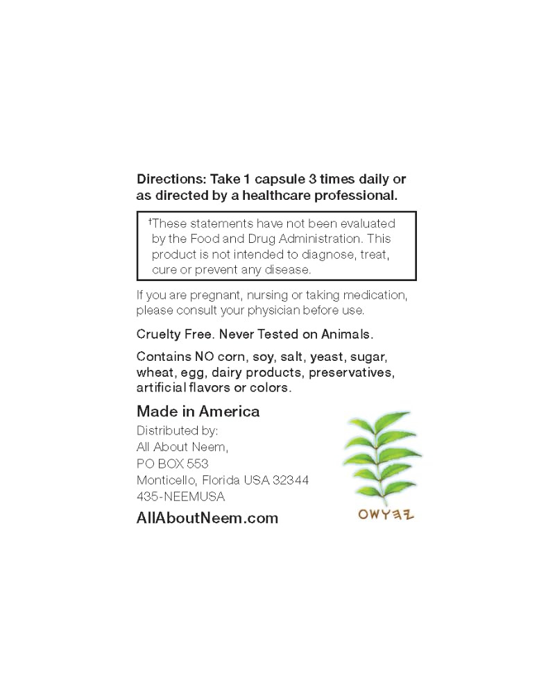 All About Neem Organic Neem Bark Capsules 400mg, 120 Count