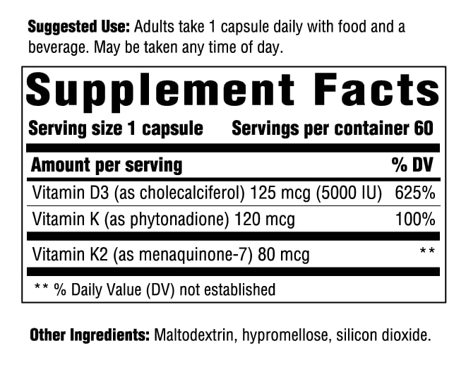 Innate Response Formulas Vitamin D3 5000 IU (125 mcg) - Supplement That Supports Immune and Bone Health - Blend of Vitamins D3, K1, and K2 - Vegetarian Capsules, 60 Count