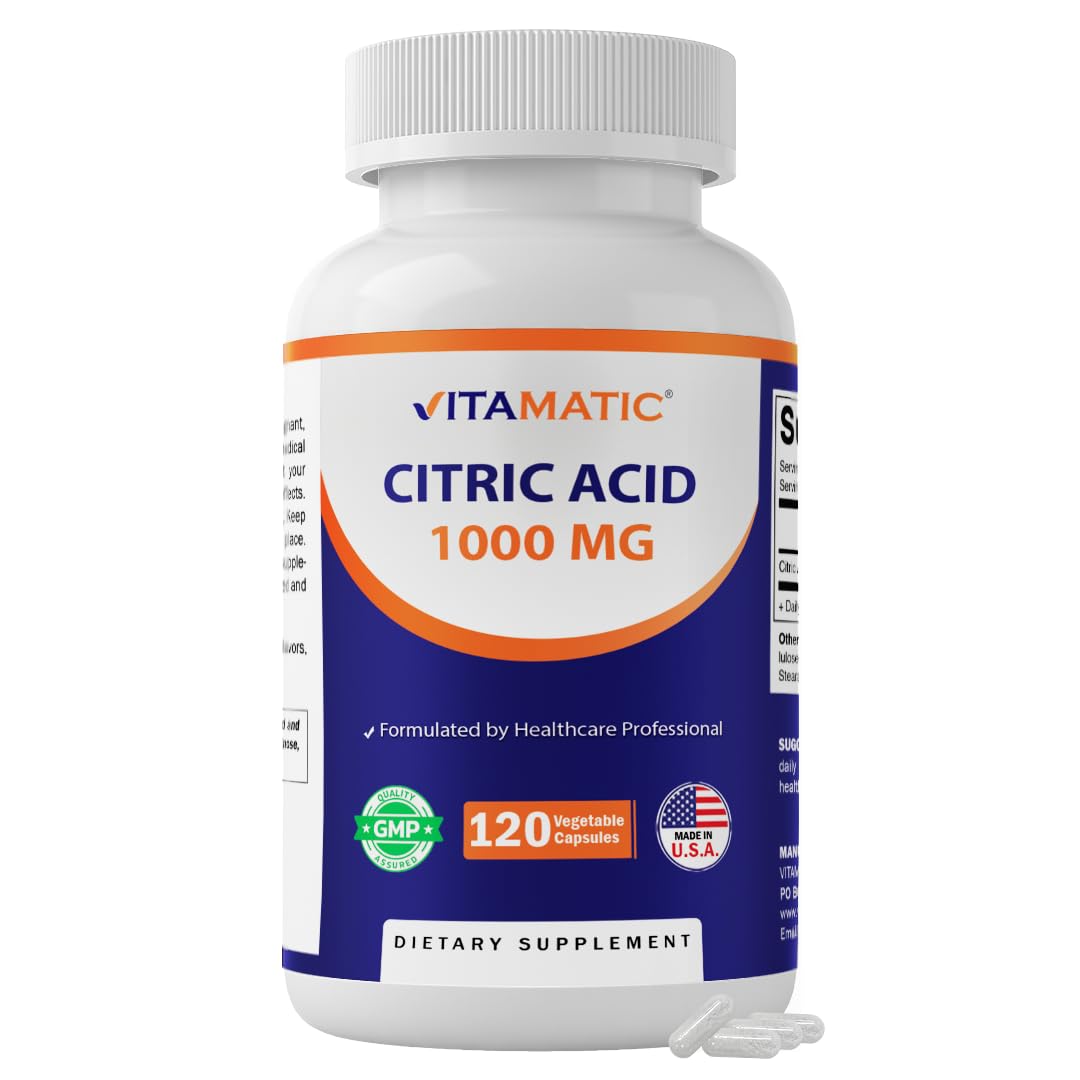 Vitamatic Citric Acid 1000 mg Vegetable Capsules, 120 Count, Non-GMO, Gluten Free, Made in USA
