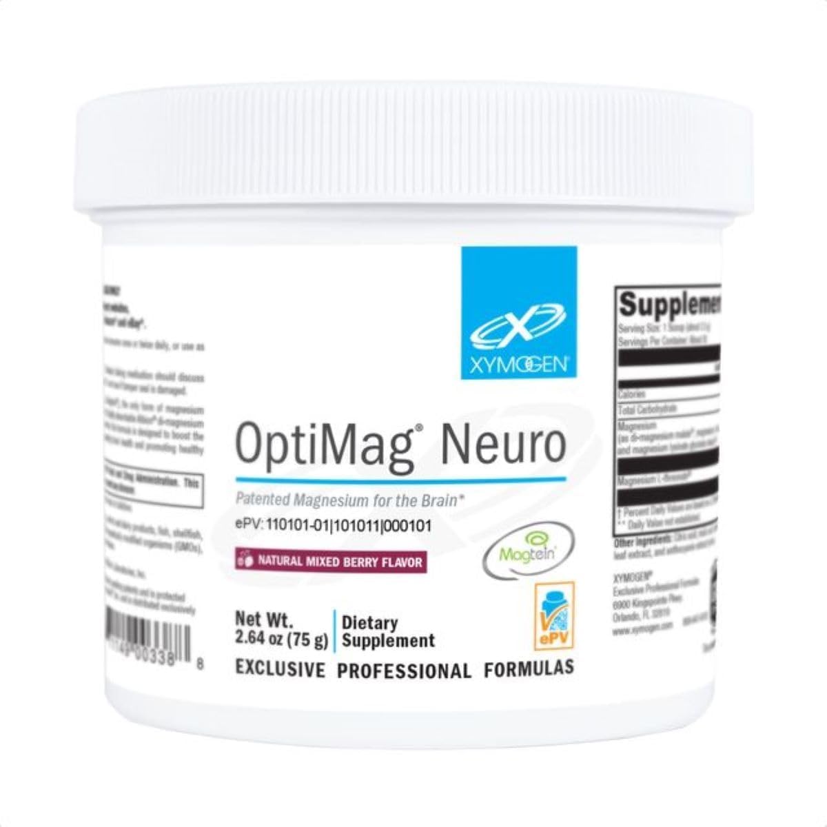 XYMOGEN OptiMag Neuro Powder, Magnesium Glycinate & L-Threonate, Chelated Magnesium, Mixed Berry Flavor, 2.64 Oz