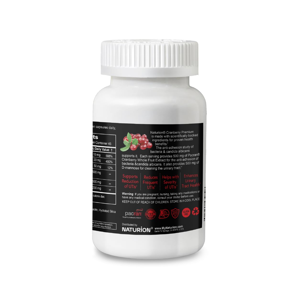 NATURION Cranberry Premium Urinary Tract Support with PACRAN Cranberry Extract & D-Mannose, 500mg, 90 Capsules