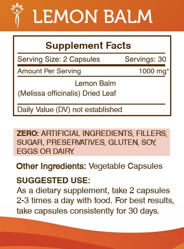 Secrets of the Tribe Lemon Balm 1000 mg Capsules, 60 Count