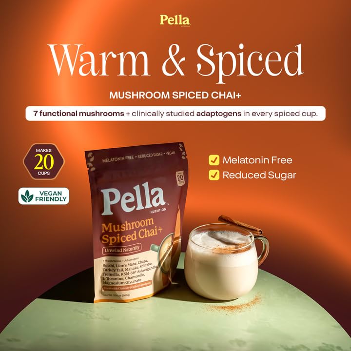 Pella Nutrition Instant Mushroom Spiced Chai Latte for Relaxation Powder 10.6 Ounce
