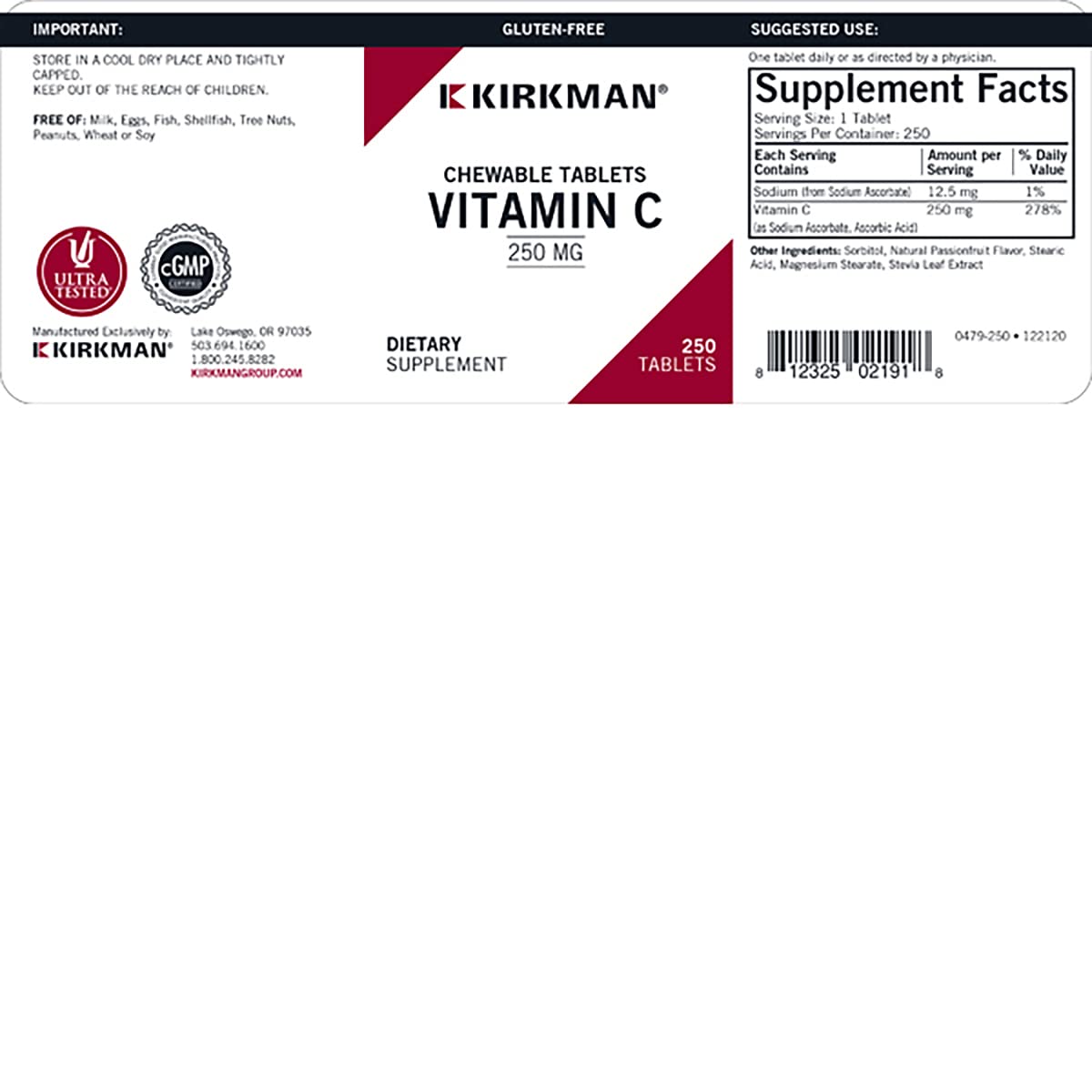 Kirkman Vitamin C 250 mg Chewable Tablets, 250 Count