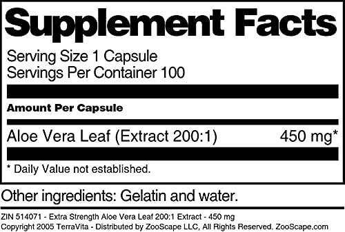 Terravita Aloe Vera Leaf 200:1 Extract 450 mg Capsules, 100 Count