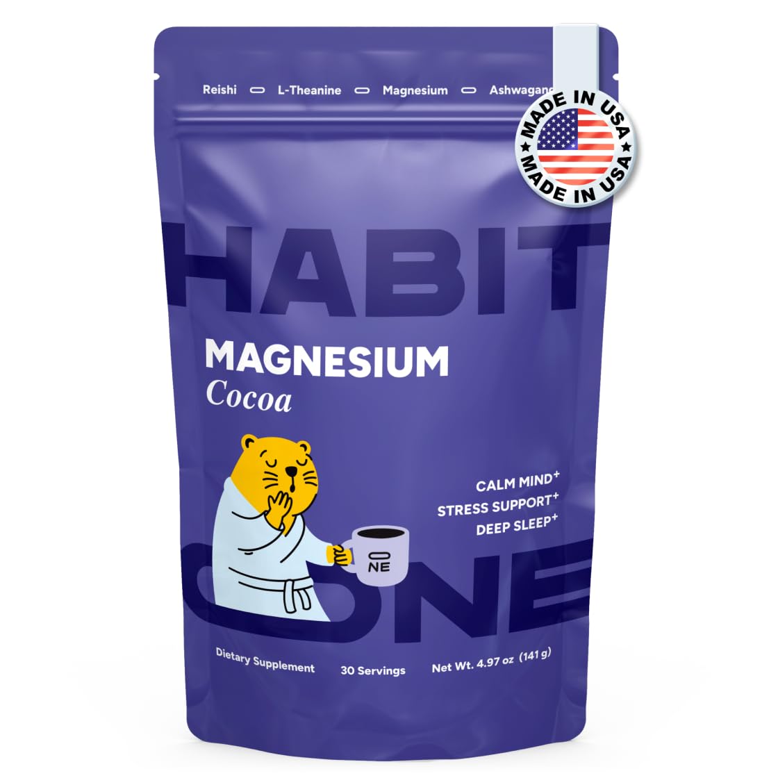Habit One Magnesium Mushroom Cocoa with Ashwagandha & Reishi - Adaptogens Blend Powder, 4.97 Ounce