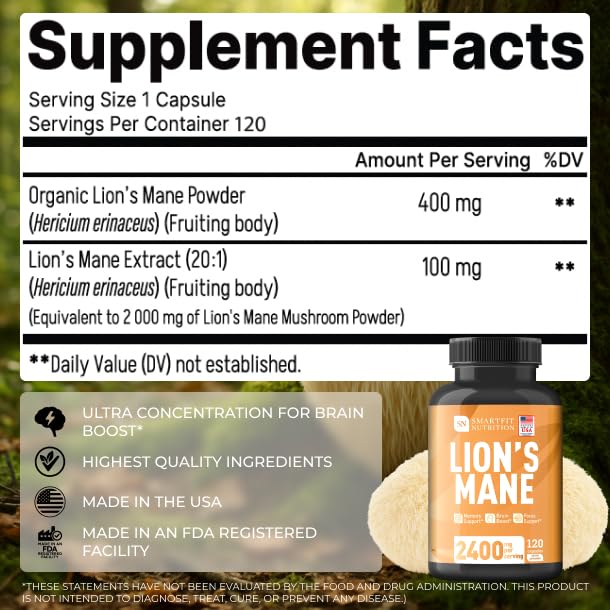 SN SMARTFIT NUTRITION Lions Mane Supplement Capsules 120 Capsules