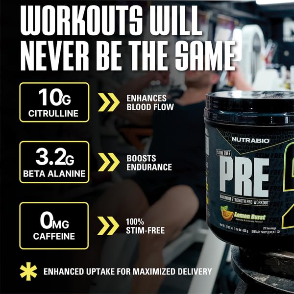 NutraBio STIM-Free PRE Workout for Men Powder, 20 Servings, Lemon Burst