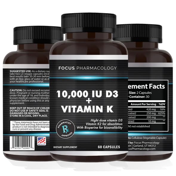 Focus Pharmacology Vitamin D3 with Vitamin K3 10,000 IU Capsules, 180 Capsules