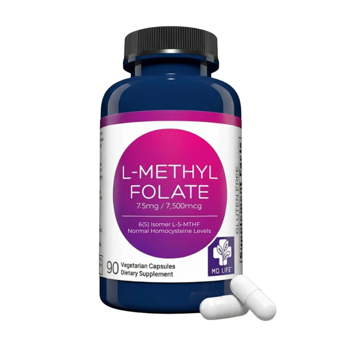 MD.LIFE L-Methylfolate 7.5 mg 5-MTHF Professional Grade Capsules, 90 Count