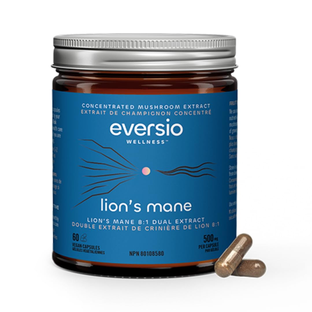 Eversio Wellness Organic Lion’s Mane Capsules – 8:1 Dual Extract, 500mg per Capsule, >35% Beta-Glucans – Fruiting Body Mushroom Supplement for Focus & Memory Support, 60 Capsules