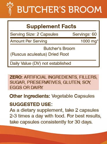 Secrets of the Tribe Butcher's Broom 1000 mg Dried Root Capsules, 120 Count