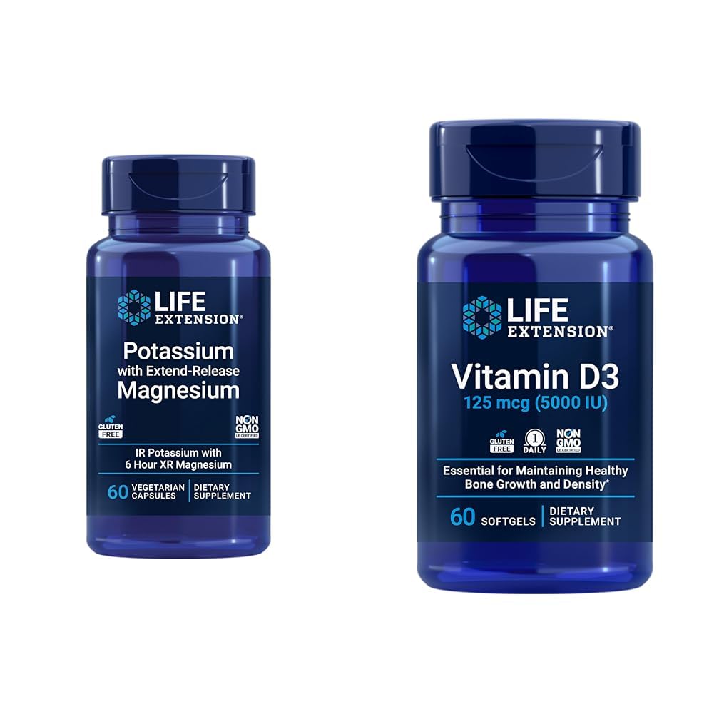 Life Extension Potassium Magnesium Heart Health Supplement Bundle with Vitamin D3 5000 IU, 60 Capsules and 60 Softgels, 120 Count