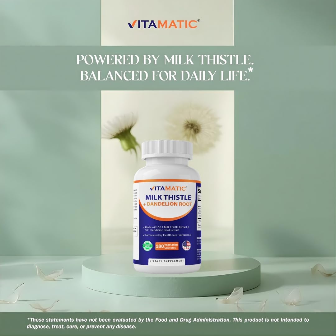 Vitamatic Milk Thistle with Dandelion Root 50:1 Plant-Based Botanical Extract Concentrated Herbal Capsules, 180 Count