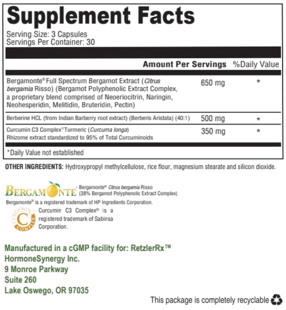 HormoneSynergy Cholest Protect Citrus Bergamot Bergamonte Berberine and Curcumin C3 Complex Capsule, 90 Capsules