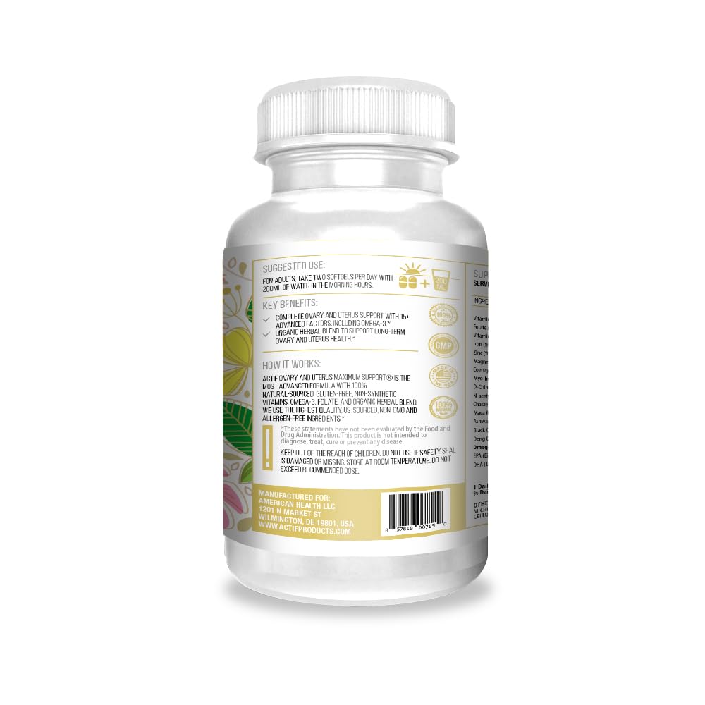 ACTIF Ovary and Uterus Maximum Support with 15 Advanced Factors and Omega-3 Softgel 90 Count