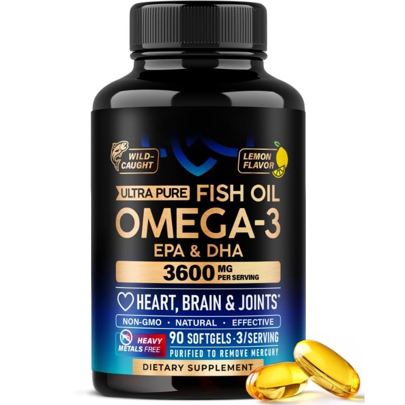 Yeloart Ultra Pure Omega 3 Fish Oil 3600mg Per Serving, EPA & DHA Wild Caught Lemon Flavor Capsules, Mercury & Heavy Metal Free, Non-GMO Dietary Supplement for Heart, Brain & Joint Support, 60 Count