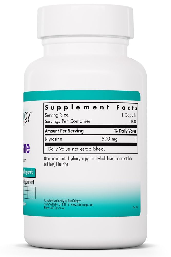 Allergy Research Group L-Tyrosine 500mg - Brain Support, Hormone Precursor, Free Form Amino Acid, Thyroid Support Capsules - 100 Count