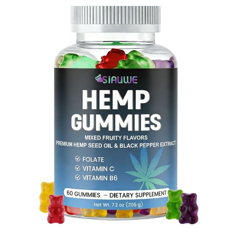SIAUWE Hemp Gummies with Hemp Seed Oil, Vitamin C B6 & Folate, Gummy, 60 Count