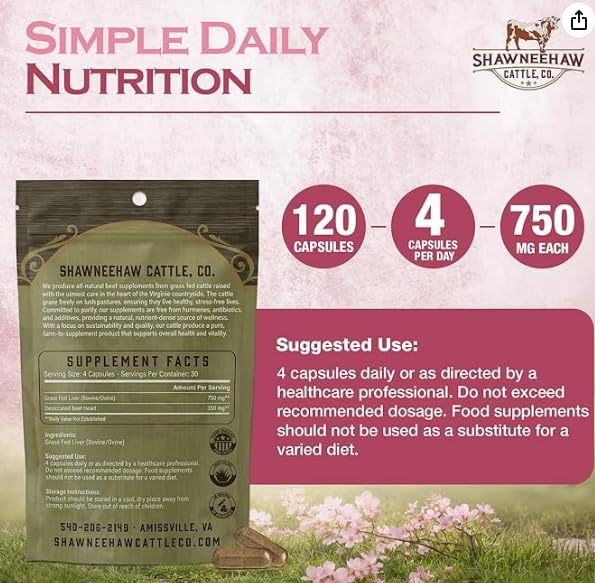 Shawneehaw Cattle, Co. Beef Liver Capsules 3000mg Grass-Fed Freeze-Dried, 120 Capsules