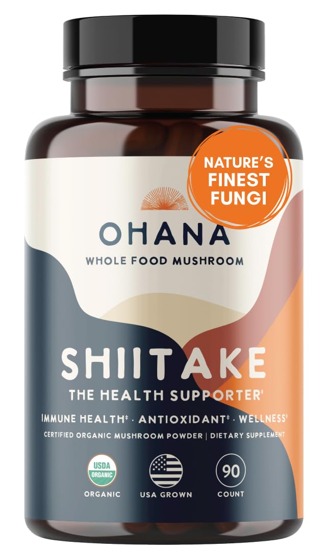 Ohana Mushrooms Shiitake Organic Mushrooms Blend Whole Food Mushroom Supplement, Capsule, 90 Capsules, USDA Organic, Non-GMO, Gluten-Free