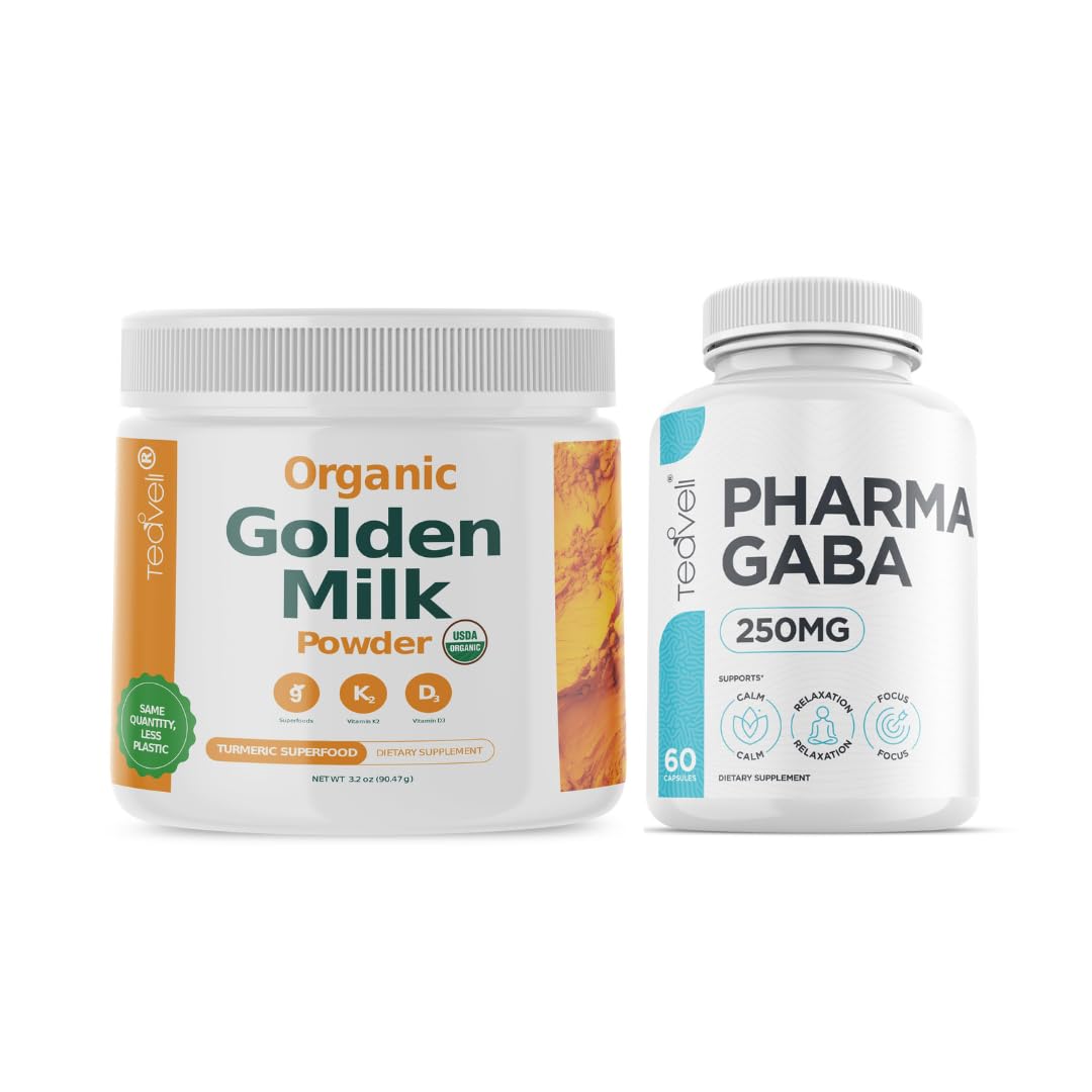 Teaveli Organic Golden Milk Powder with Vitamin D3 & K2 and Pharma GABA Supplement Bundle, Powder, 2-Pack