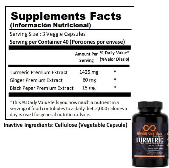 Alkaline Care Shop Turmeric Curcumin Supplement 1500mg with Organic Turmeric, Ginger & Black Pepper Capsule 1 Count