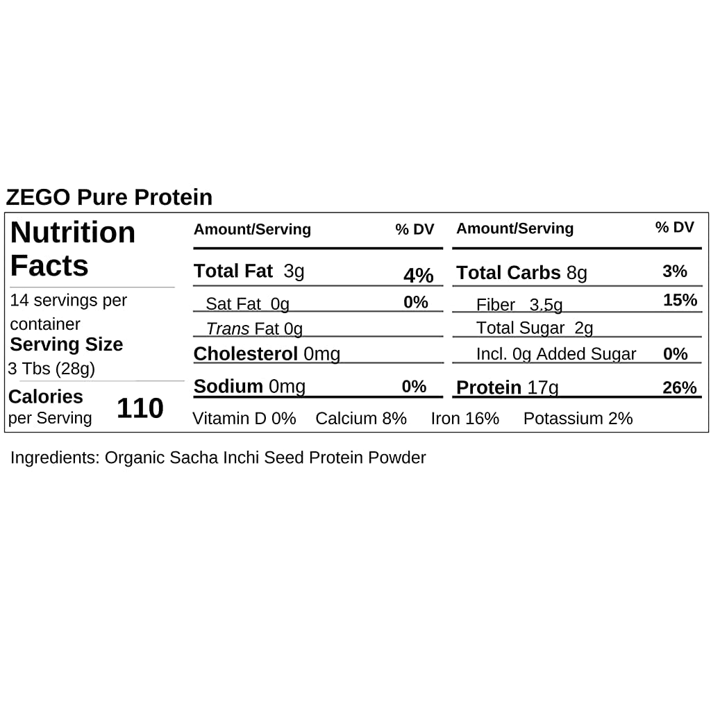 ZEGO Organic 100% Sacha Inchi Seed Protein Powder, 15 oz