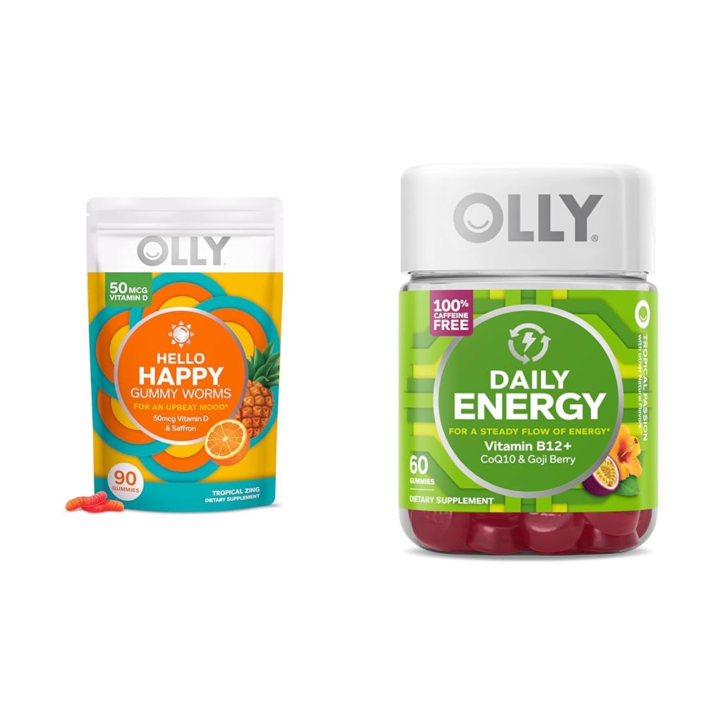 OLLY Hello Happy Gummy Worms Mood Balance Support with Vitamin D, Saffron and Daily Energy Gummies with Vitamin B12, CoQ10, Goji Berry - 150 Gummies