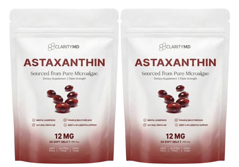 ClarityMD Astaxanthin 12mg Antioxidants Supplement – Natural Microalgae Source – Lipid-Based Softgel for Enhanced Absorption – Cognitive, Vision & Joint Support – 60 Softgels