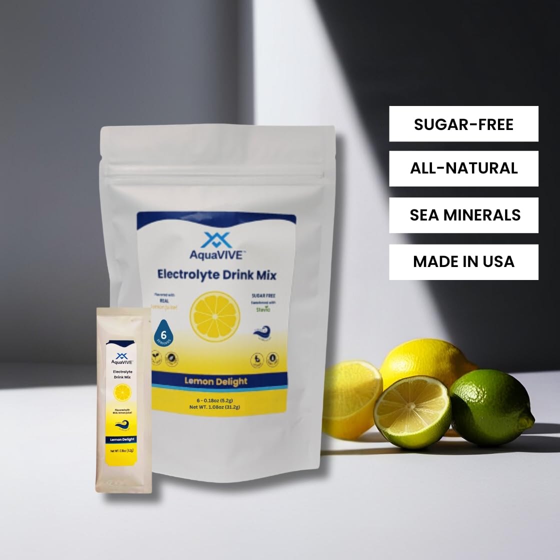 AquaVIVE Sugar Free Magnesium Electrolytes Powder - Lemon Delight, Stevia Sweetened, Powered by Sea Minerals, Real Organic Lemon Juice - Low Sodium Electrolyte Powder Packets 1.08 Ounce