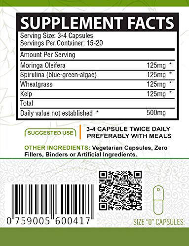 NutreeVit 100% Organic Powerful Superfood Formula Immune System Booster with Moringa, Spirulina, Wheatgrass, and Kelp Capsules, 200 Count