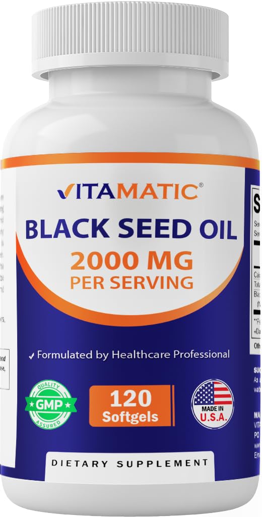 Vitamatic Black Seed Oil 2000 mg Per Serving Cold-Pressed Nigella Sativa (Black Cumin) Oil High Potency Softgel 120 Count