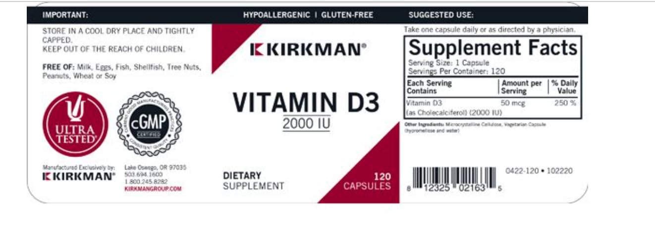 Kirkman Vitamin D-3 2000 IU, 120 Capsules